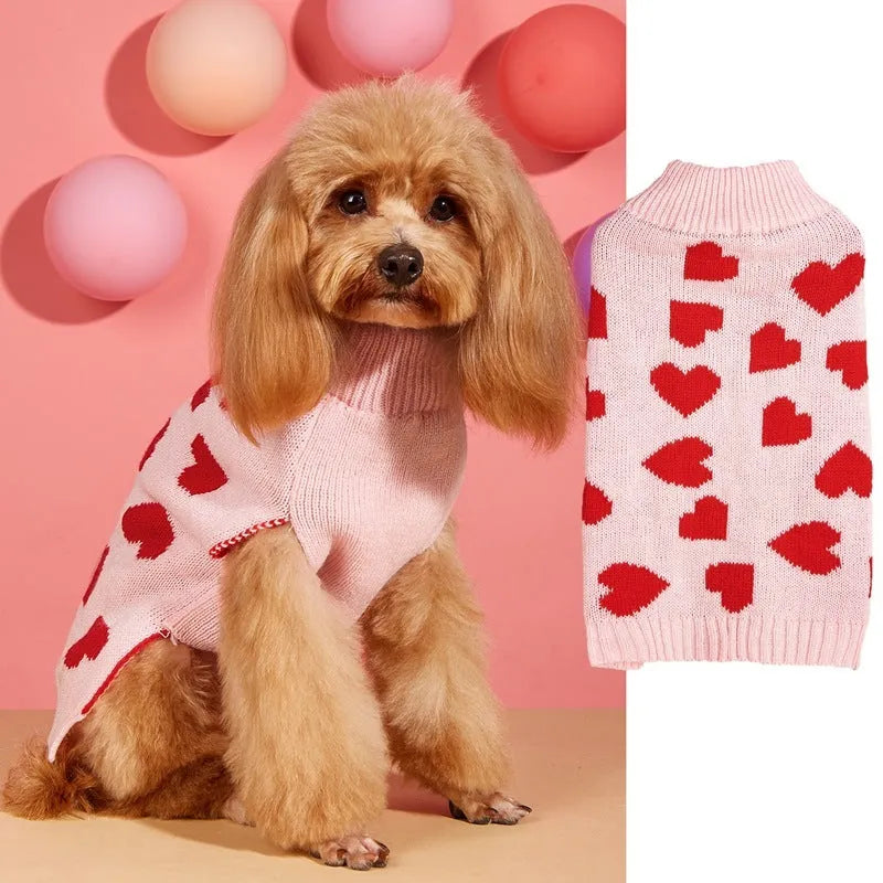 Red love heart and pink bow design on an acrylic dog sweater for small to large pets.