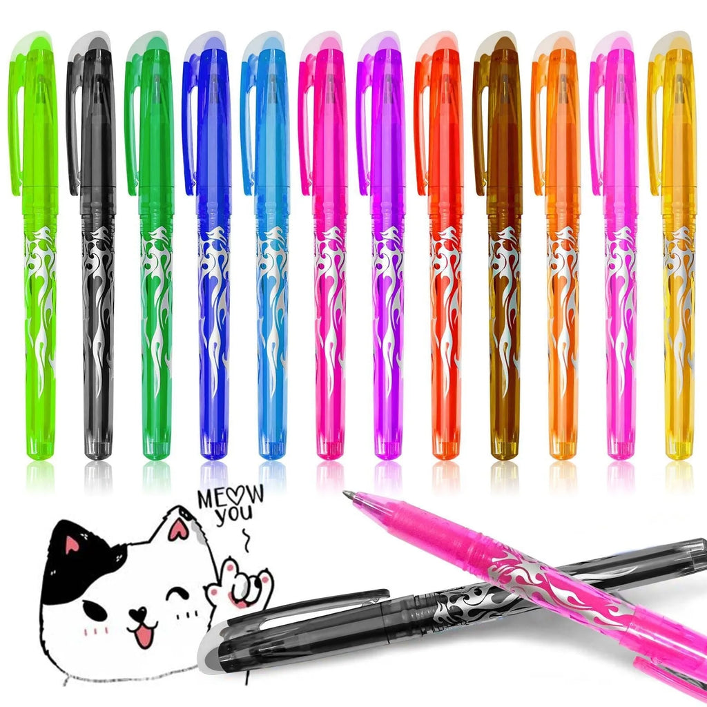 A set of heat-erasable gel pens with plastic barrels and stainless steel nibs, shown in multiple colours.