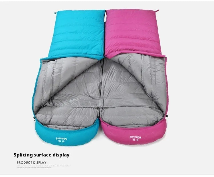 Black outdoor sleeping bag with envelope structure and white goose down filler for camping