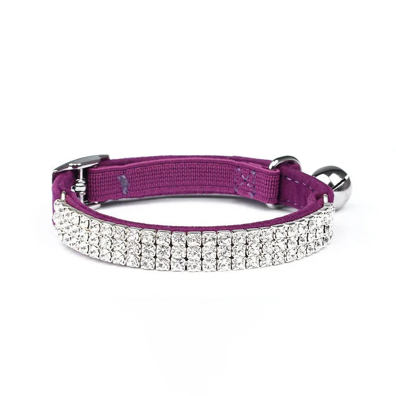 Adjustable velvet cat collar with rhinestones in red, blue, purple, black, or pink