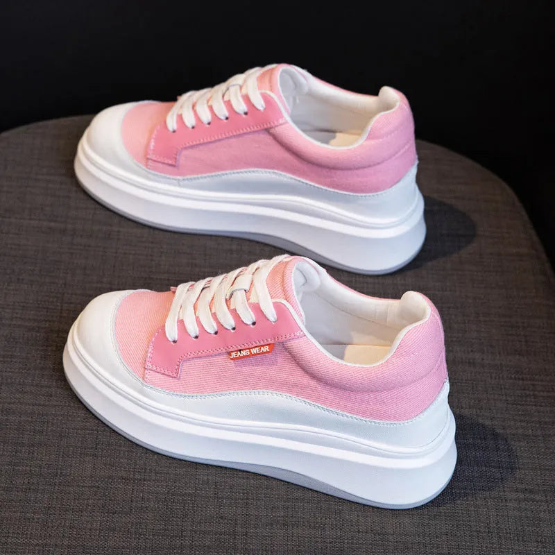 Women's pink and beige leather board shoes with thick height-increasing soles, shown in sizes 31-40.