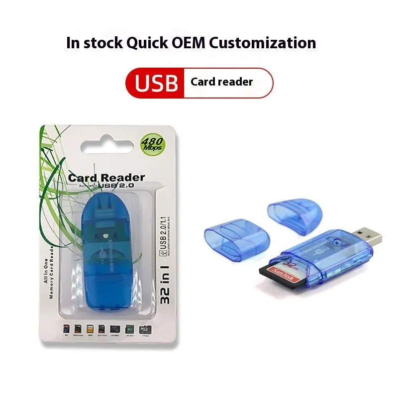 Transparent USB card reader with LED light for SD and MS memory cards.