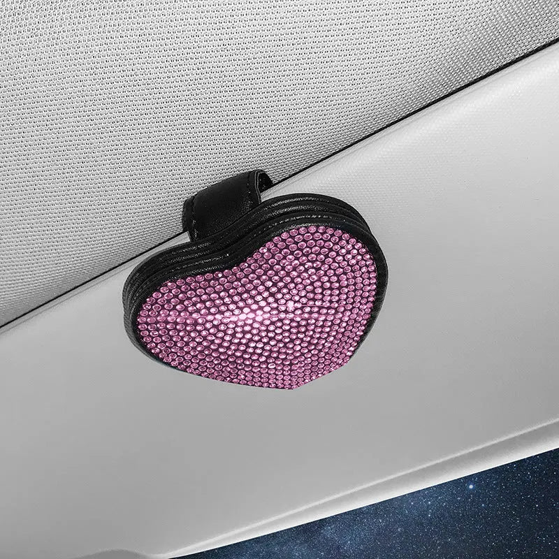 Car sun visor glasses clip made of PU leather with diamond encrusted design in various colours holding sunglasses