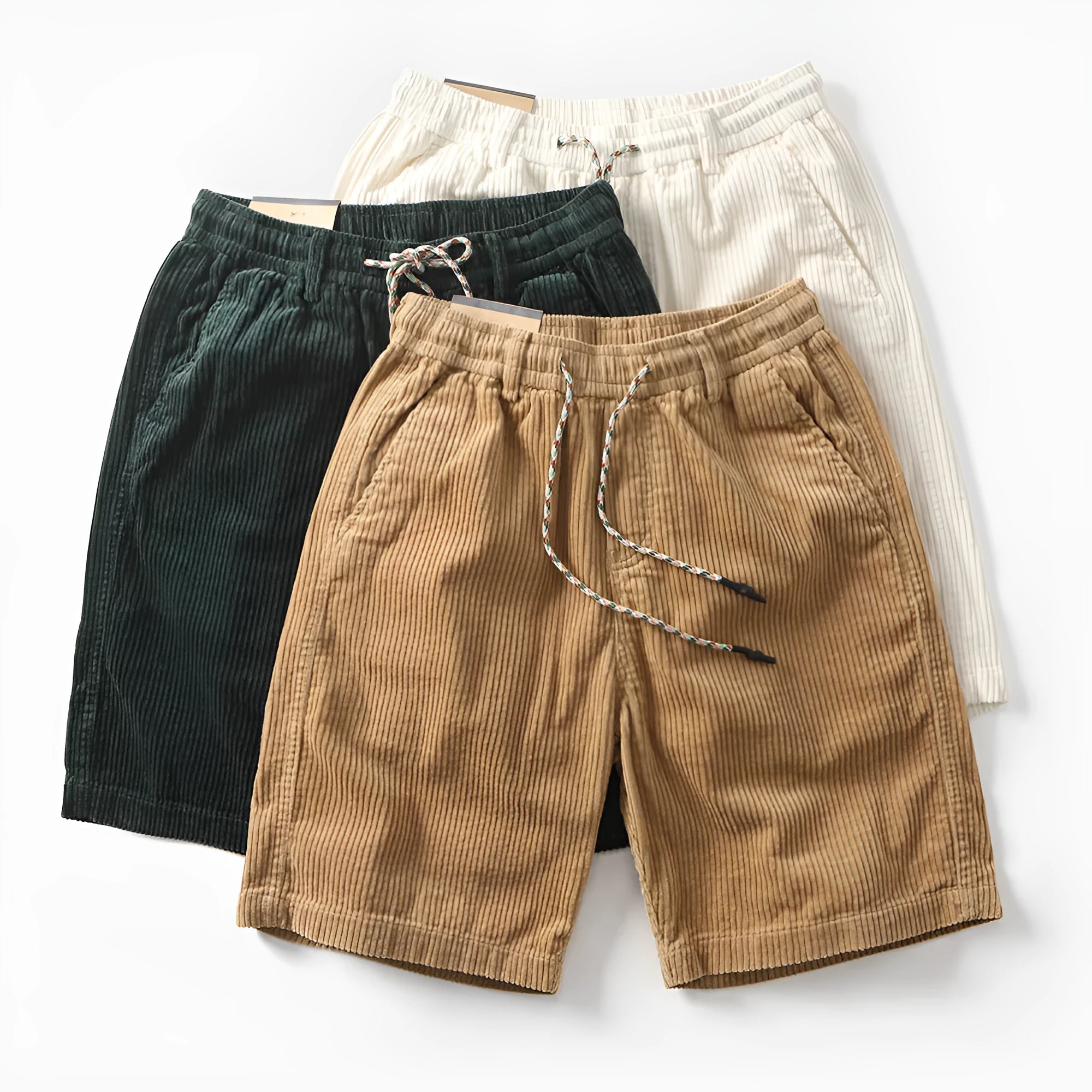 Men's khaki straight-leg cargo shorts made from polyester fabric for summer streetwear