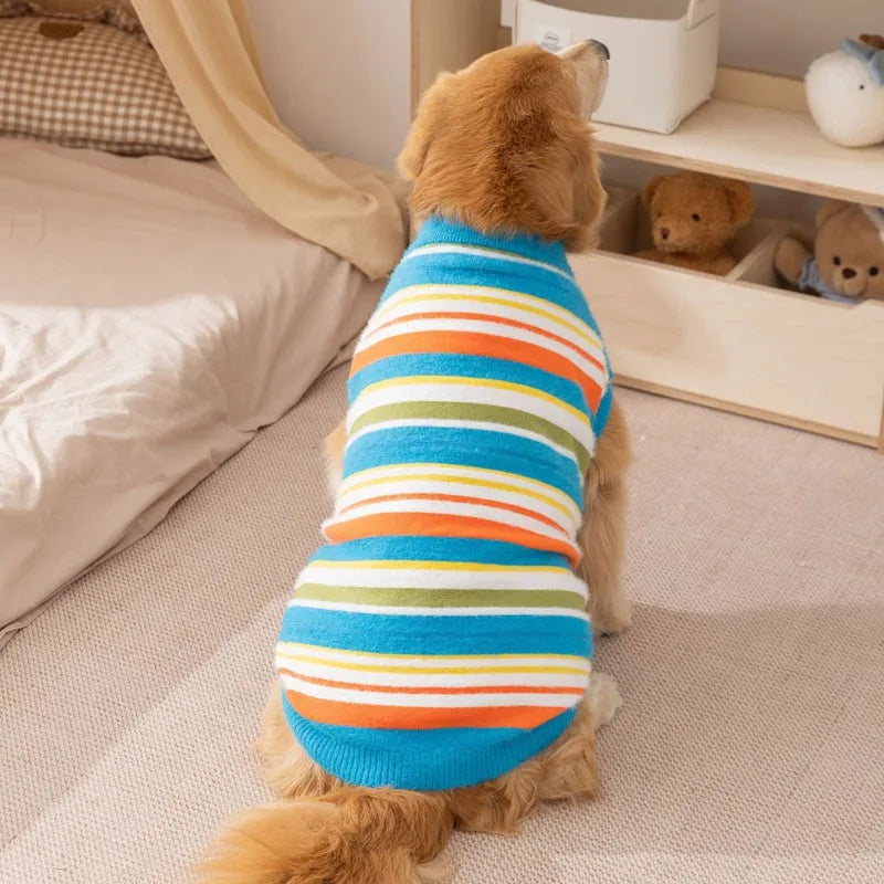 Blue striped sleeveless knitted dog jumper for large breeds, sizes 2XL to 7XL