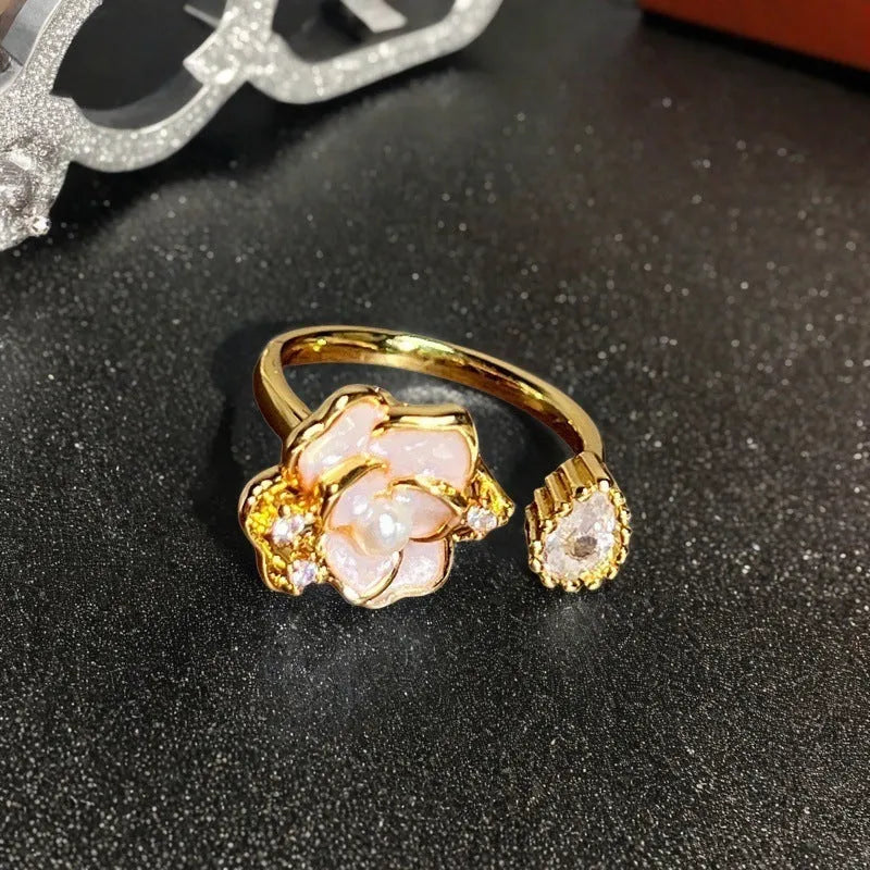 Adjustable copper gourd ring with inlaid zircon stones in a vintage oil dripping finish.