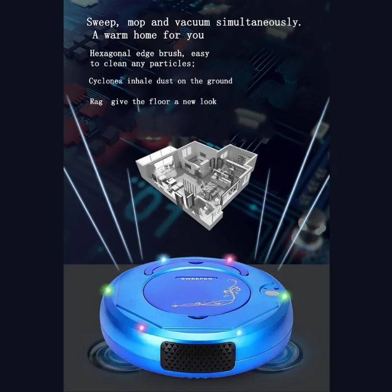 Lazy Smart robot vacuum cleaner in blue, black, or white colour on a hard floor.