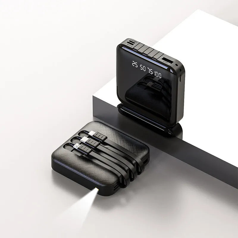 Black or red rectangular power bank with attached data cable, showing compact 80mm size.