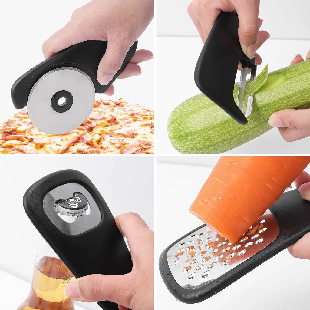 Modern six-piece kitchen utensil set with stainless steel heads and a cleaning brush in a colour box.