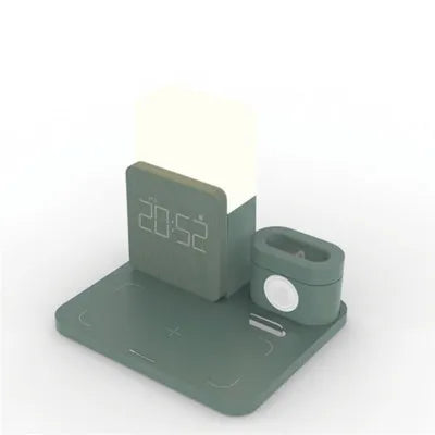 3-in-1 Qi wireless charging stand showing phone and AirPod charging simultaneously