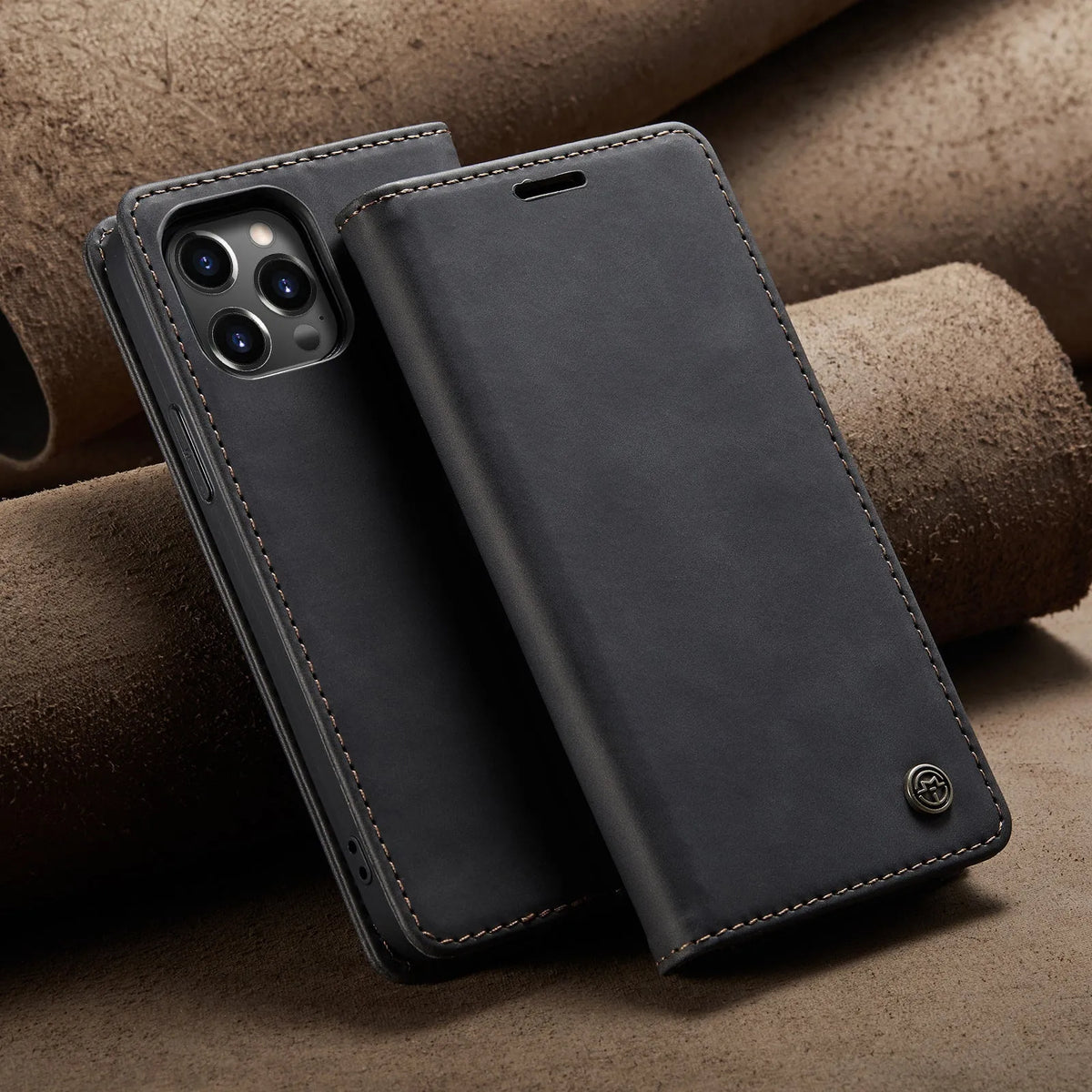 Mobile phone holster flip cover clamshell case in black, brown, coffee, wine red, or blue for Apple iPhone models.