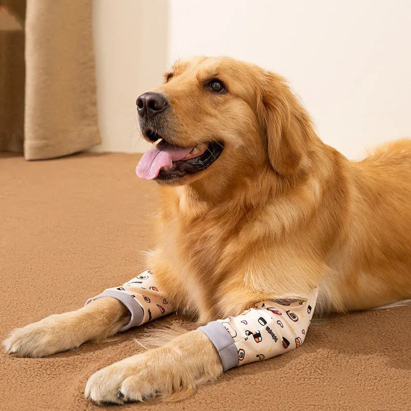 Blue dog knee protector sleeve with elbow padding and plastic buckle, shown with a matching patterned scarf.
