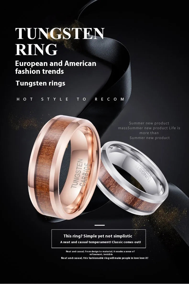 Men's Ugyen and leather ring with 8mm wide band, U-shaped design, in rose gold or steel colour.