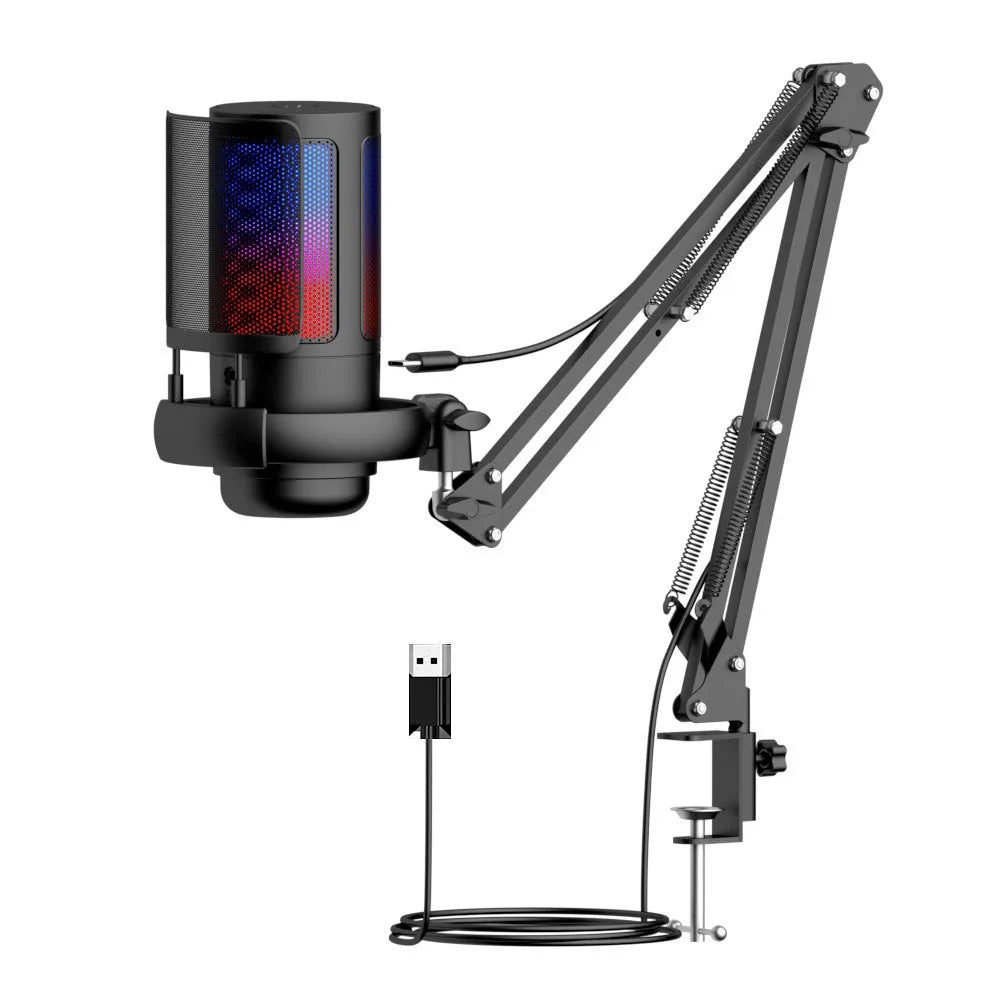 USB condenser microphone with colourful LED lights showing heart-shaped polar pattern for streaming and recording