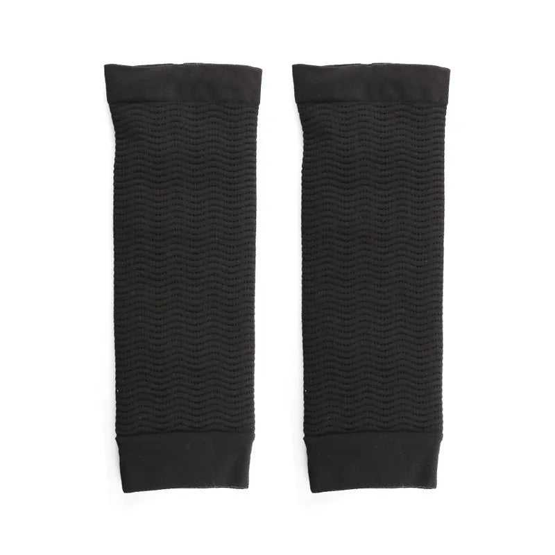Women's free size shaping arm sleeves in black and skin colour nylon fabric
