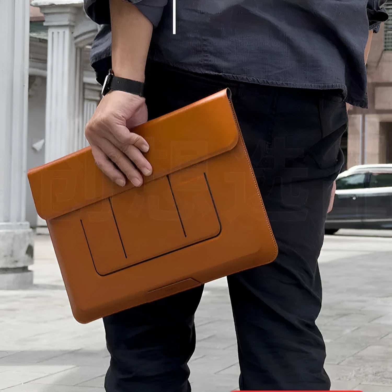 Brown 13.3-inch laptop bracket bag with integrated dual-angle stand open on a desk