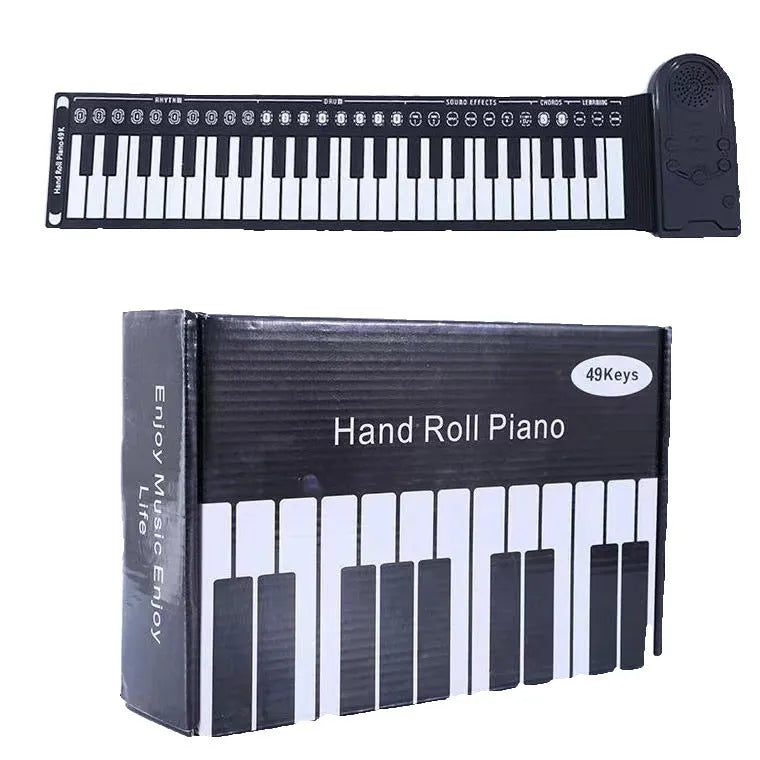 49-key portable folding electronic keyboard in gloss black, showing folded and unfolded positions
