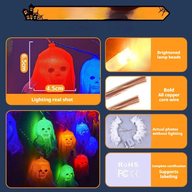 Halloween battery-powered coloured LED light strings for indoor wall decoration in two length options