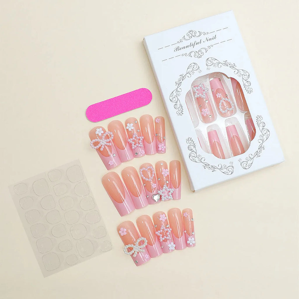 Super long water pipe French style nail decoration with drill bow and red love pattern on plastic armour suit.