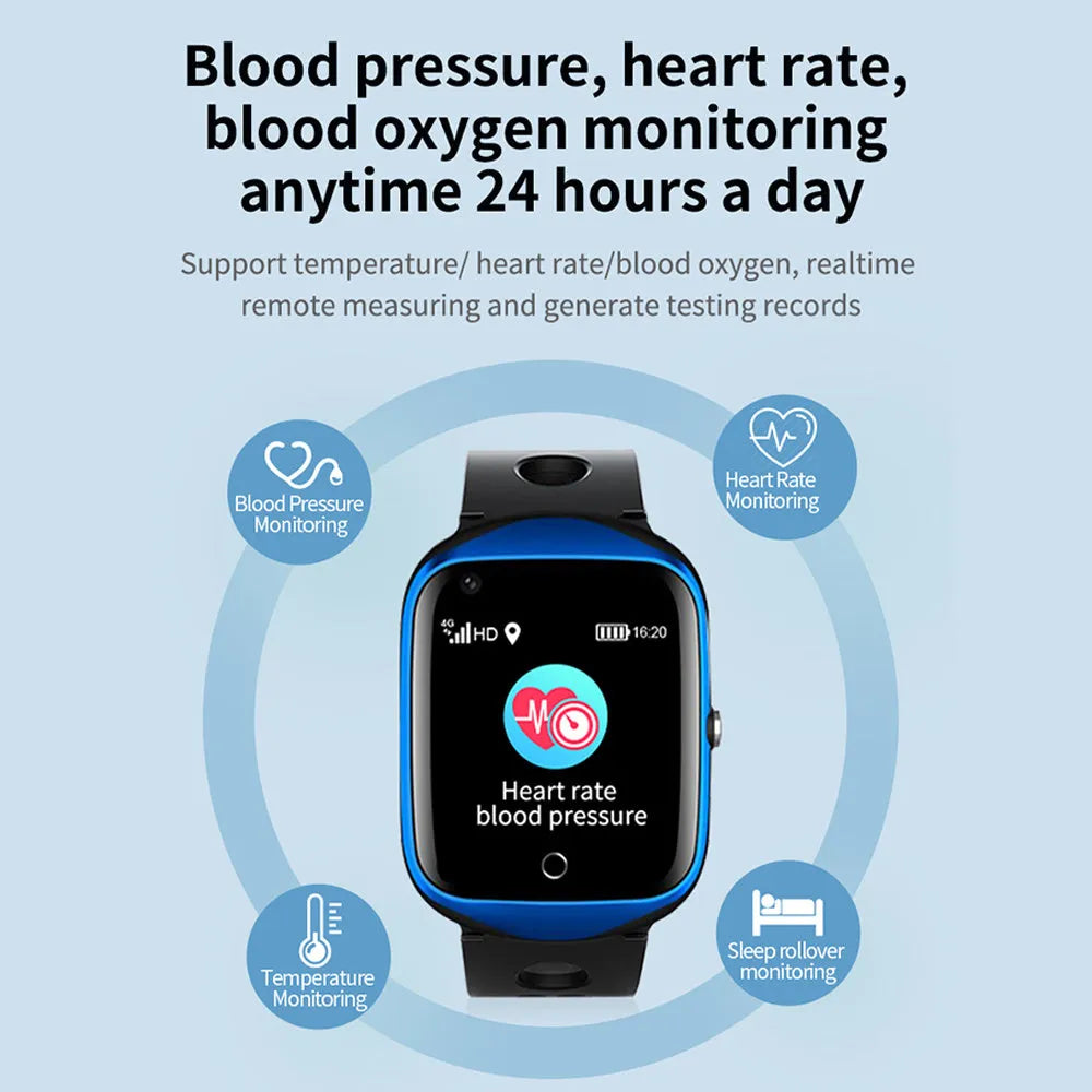 Elderly smartwatch with square colour screen and silicone strap showing GPS and SOS functions