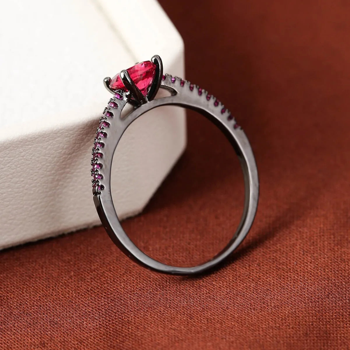 Copper geometric hexagon ring with electroplated finish in various colour options.