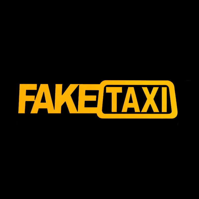 Yellow Fake Taxi waterproof car sticker on a vehicle window, showing 20cm by 8cm size.