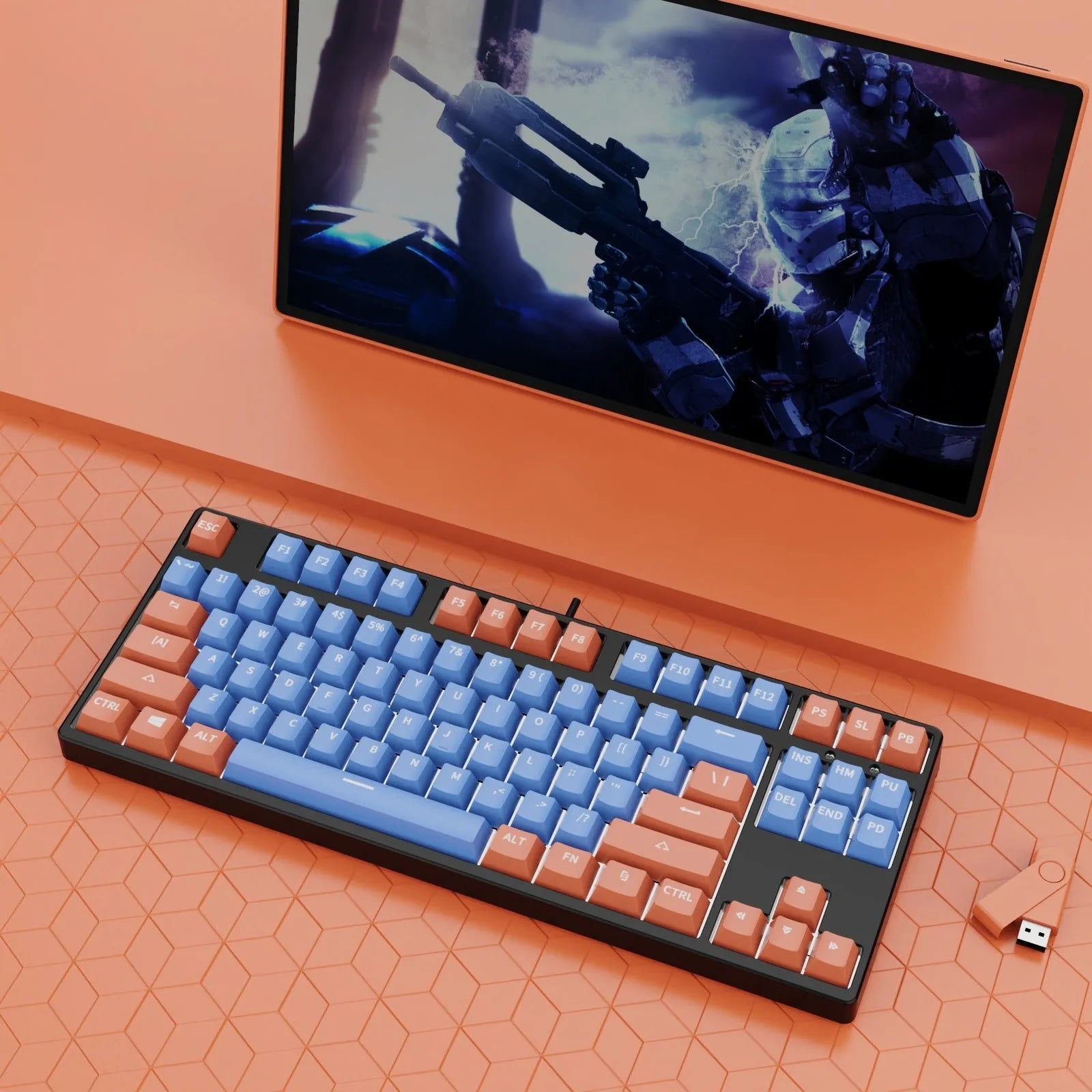 87 key wired mechanical keyboard with metal chassis shown in a black, orange, and yellow colour configuration.