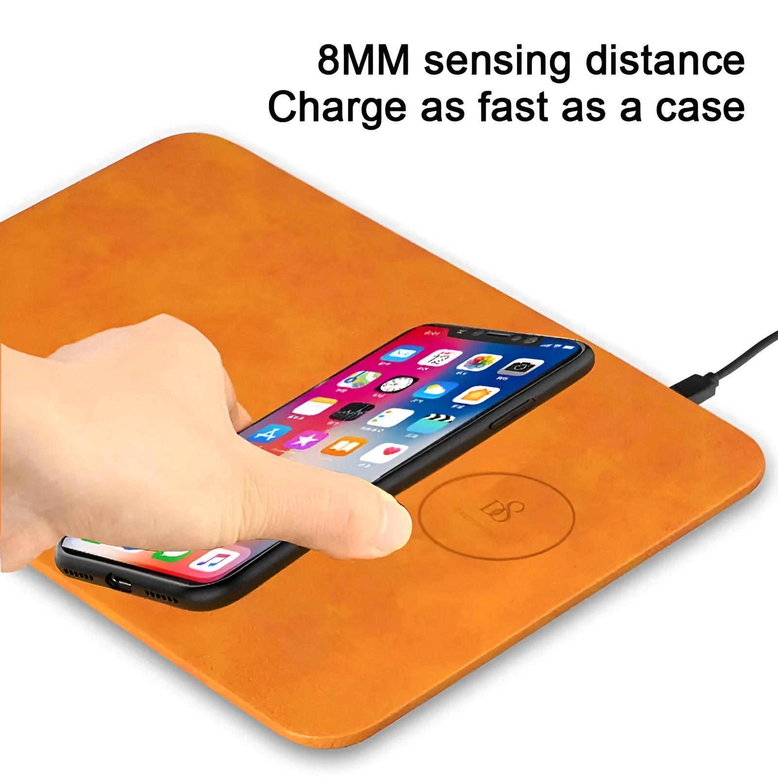 Brown leather wireless charging mouse pad with micro-USB cable for fast Qi charging.