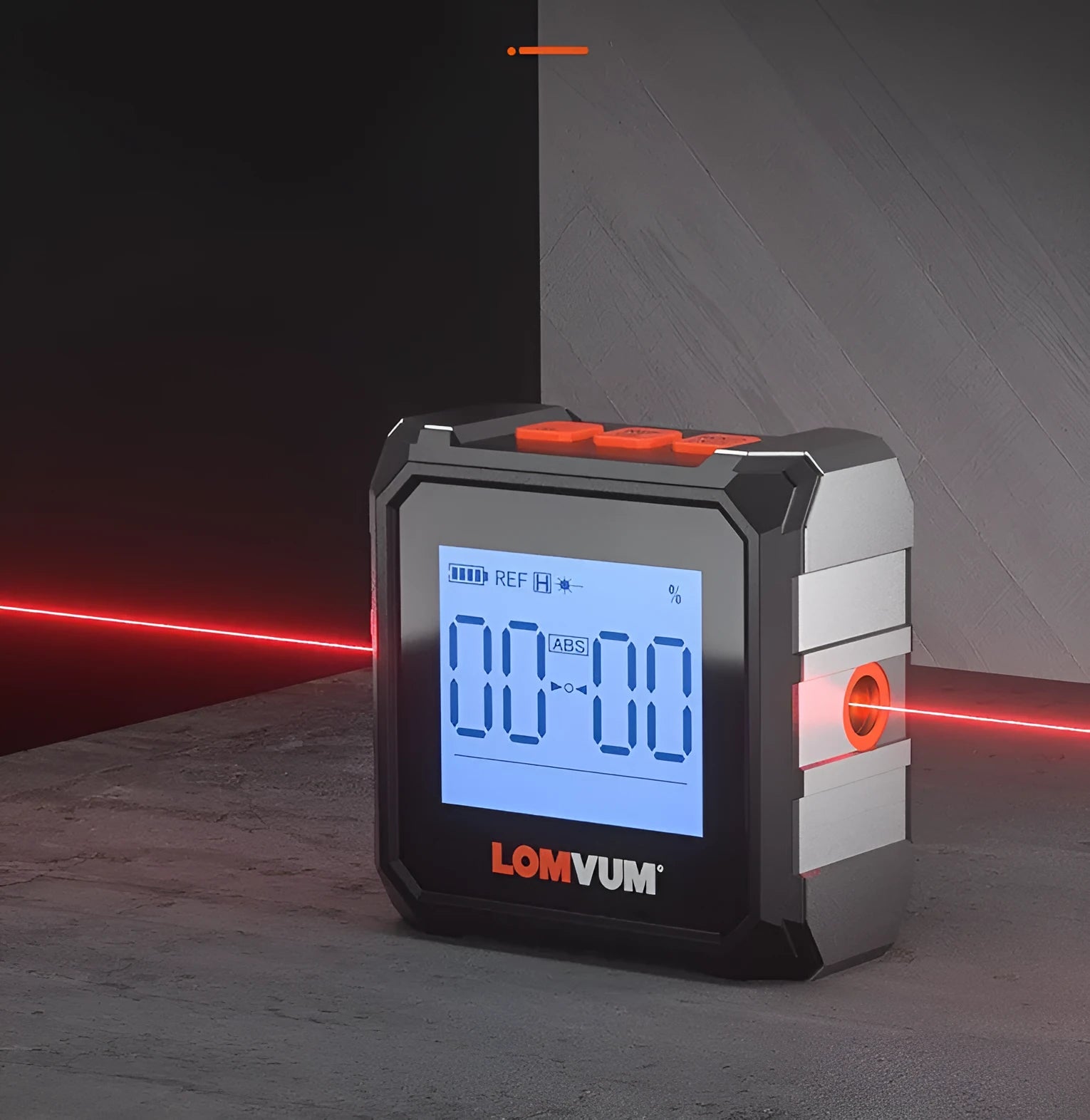 Digital inclinometer laser tape measure with alloy case and backlit display showing 40m range capability