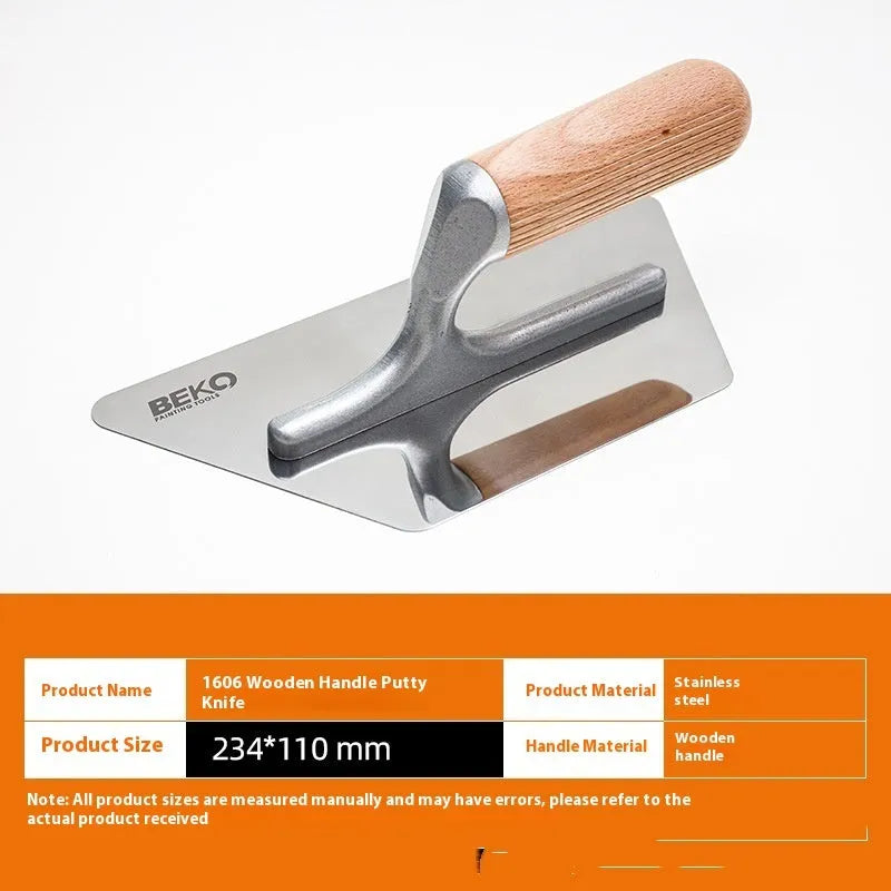Stainless steel putty scraper tool with wooden handle for decorative floor and wall plastering work