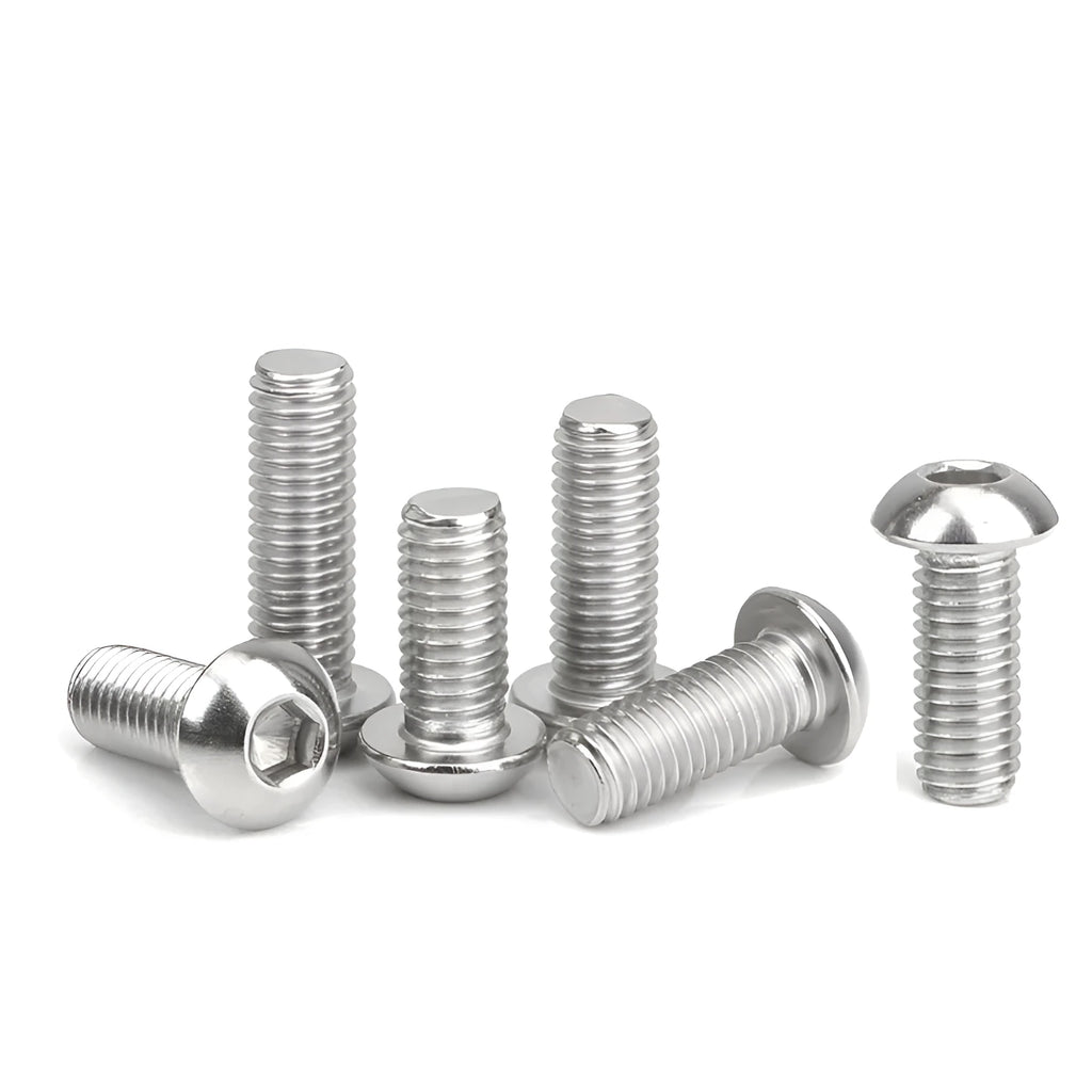 Stainless steel half round head hexagon screw with whitewashed finish showing semicircular head design