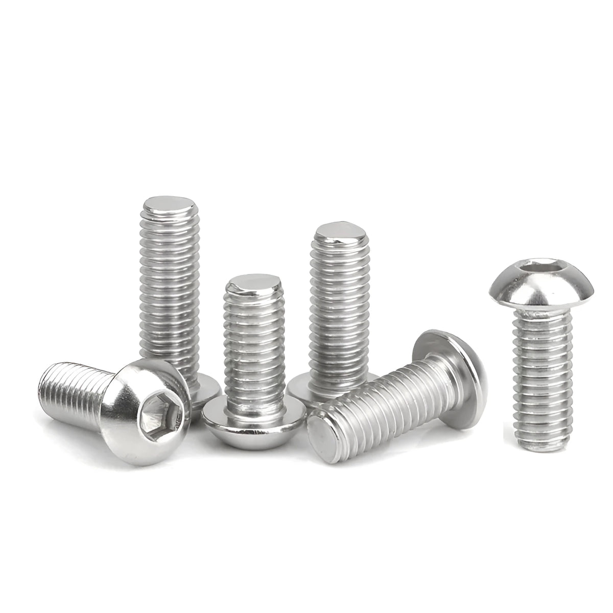 Stainless steel half round head hexagon screw with whitewashed finish showing semicircular head design