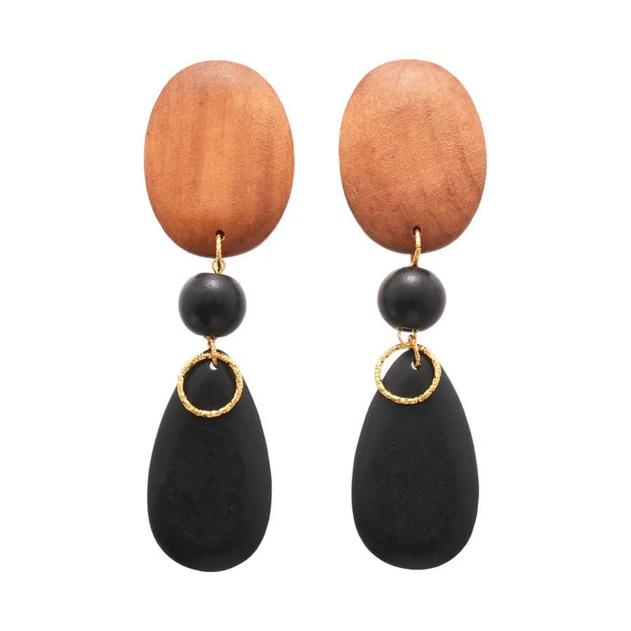 Women's brown-black wooden elliptical earrings with silver needle detailing