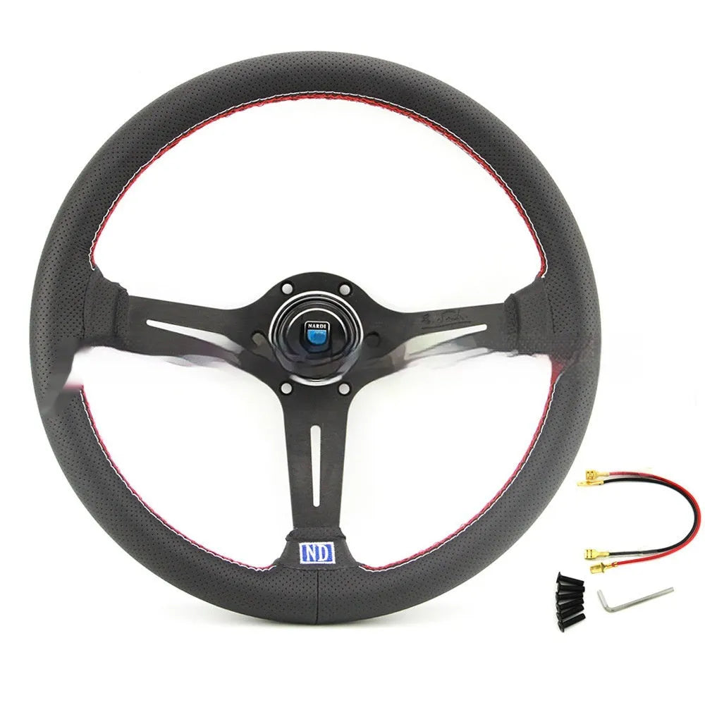 14-inch leather steering wheel with middle concave design showing black skeleton structure