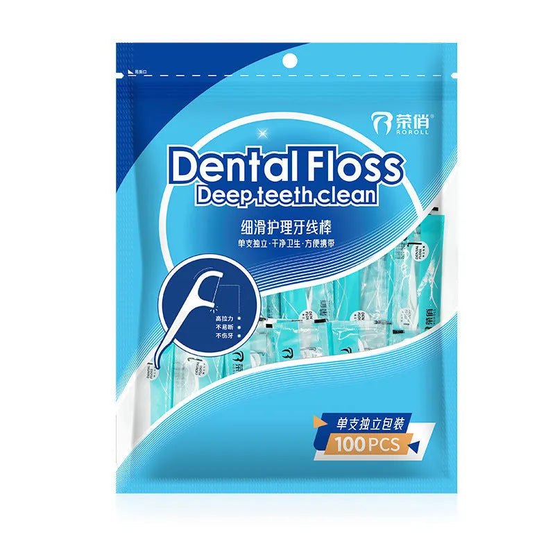 Individually packaged dental floss picks in portable bag with independent wrapping