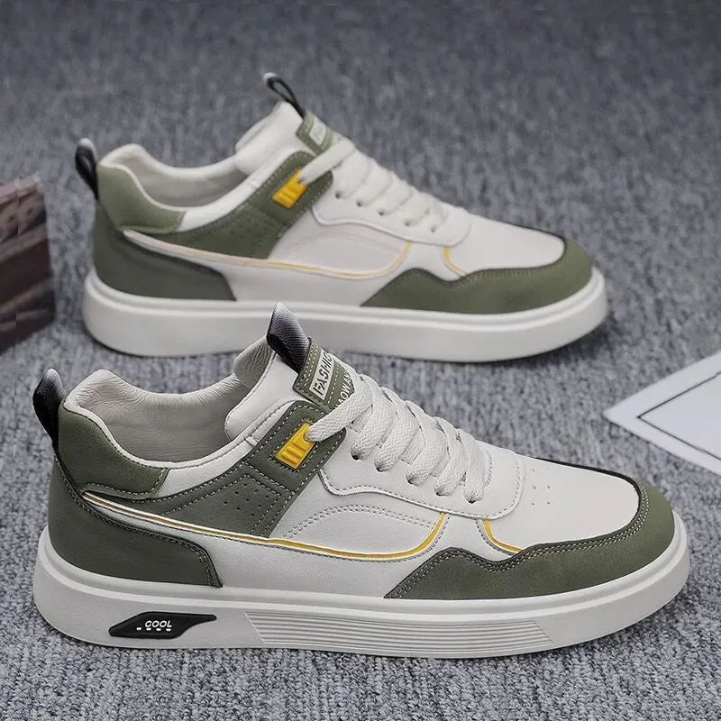 Men's Korean-style canvas board shoes with leather stitching and mesh lining in solid colour options