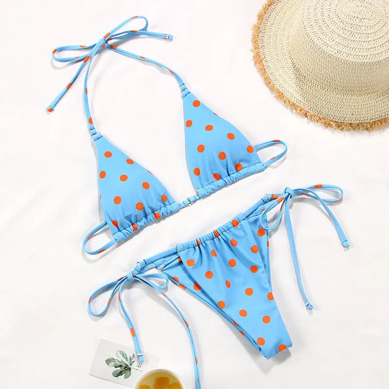 Women's polka dot split swimsuit bikini set with floral and gradient pattern options