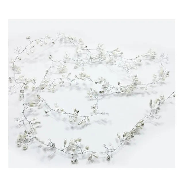 Silver wedding hair band with crystals and pearls on a long wire, shown at 100cm length