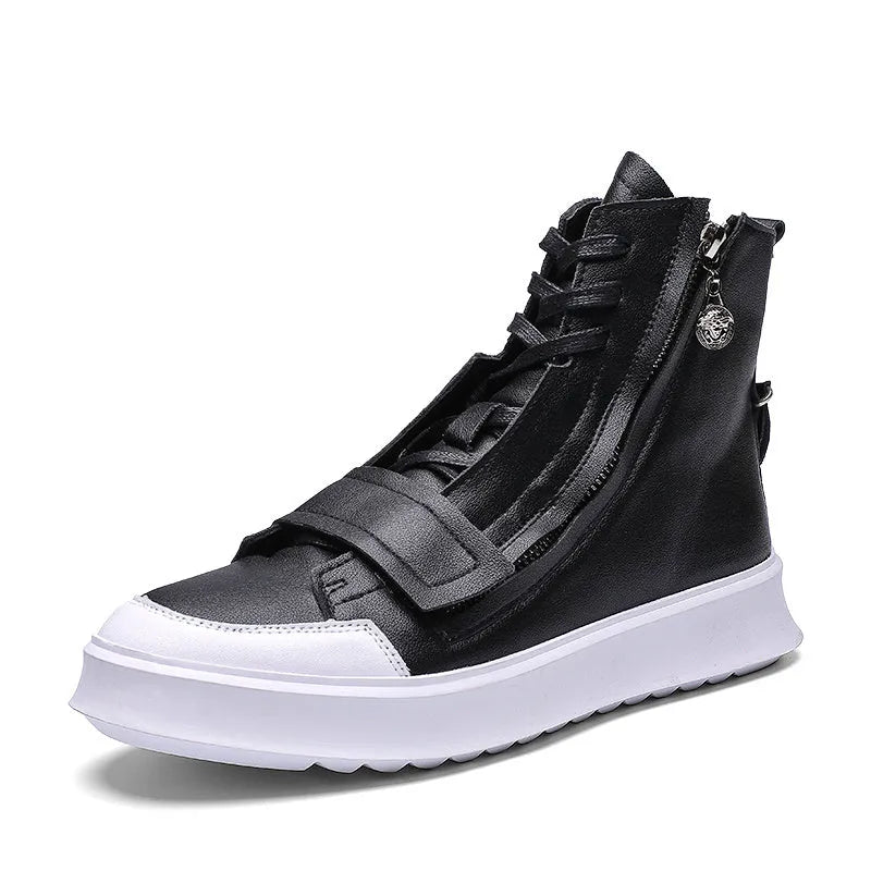 Men's black and white high-top sneaker style ankle boots made from PU leather microfiber for winter.