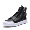 Men's black and white high-top sneaker style ankle boots made from PU leather microfiber for winter.