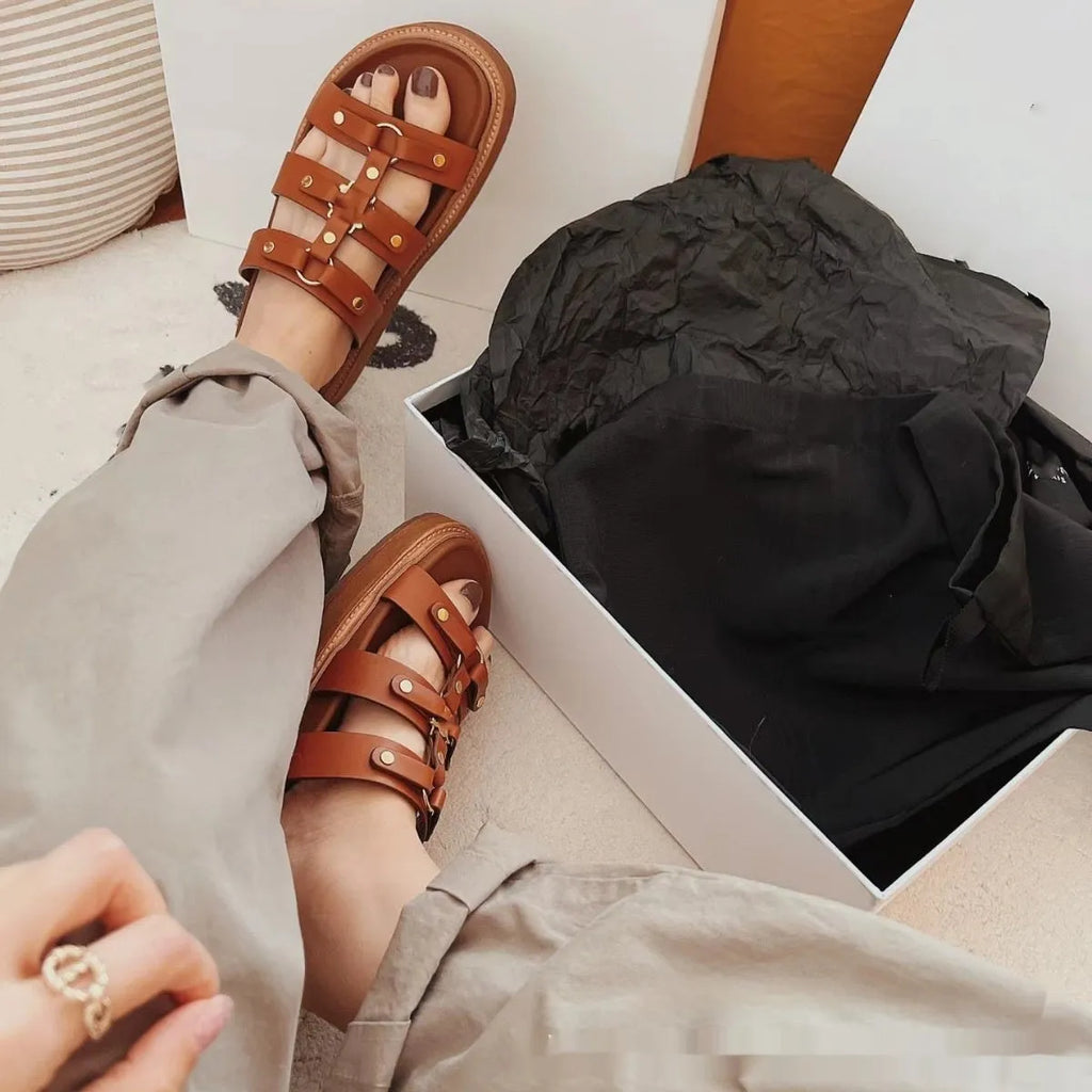 Women's patent leather Roman style sandal slippers in sheepskin with solid colour options