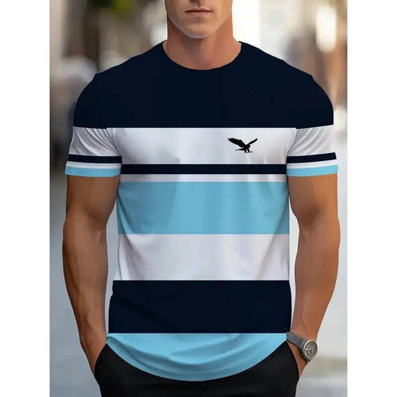 Man wearing a loose-fit short-sleeved T-shirt with a digital 3D striped print.