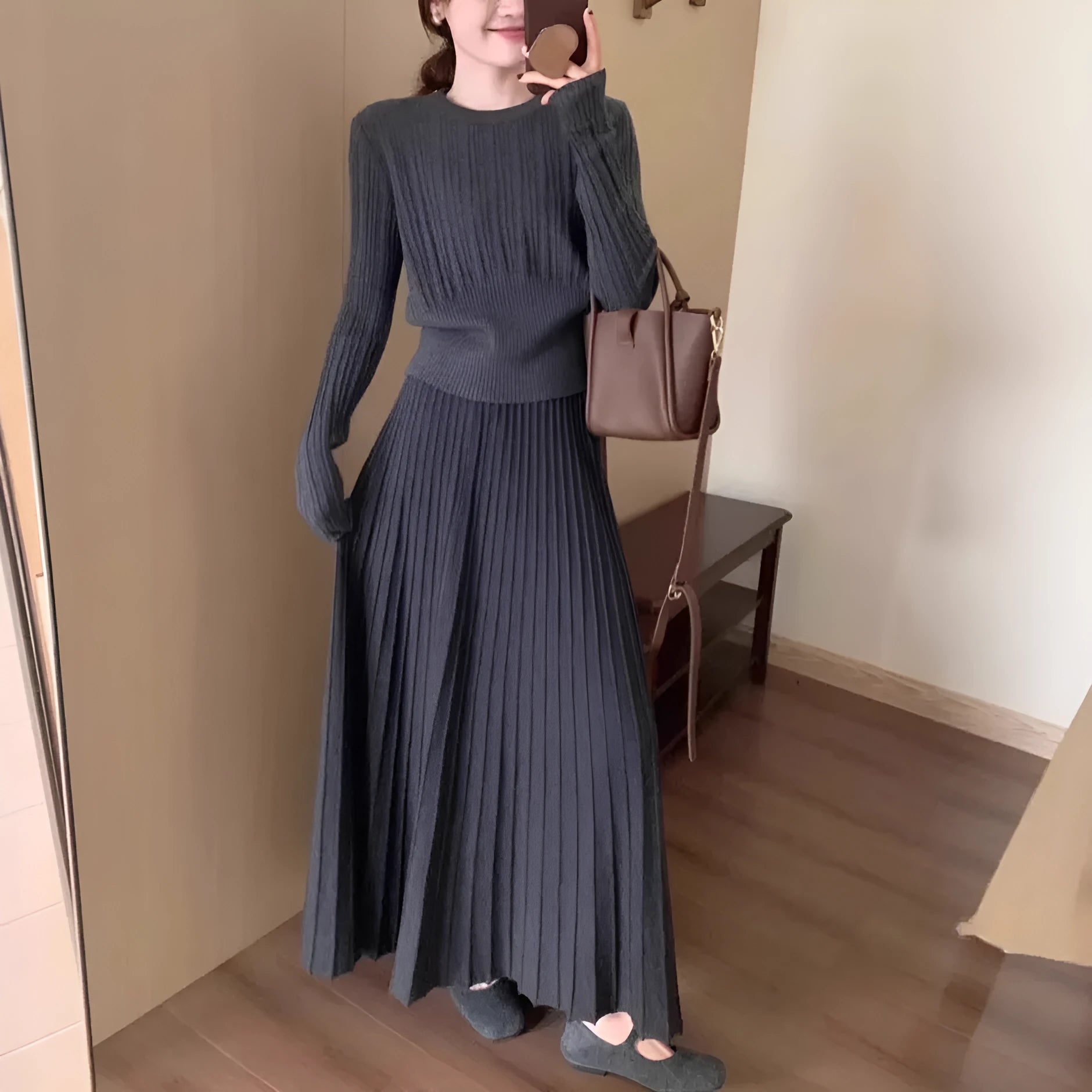Long knitted dress suit set with 3D pattern artistic retro ethnic style dark grey black