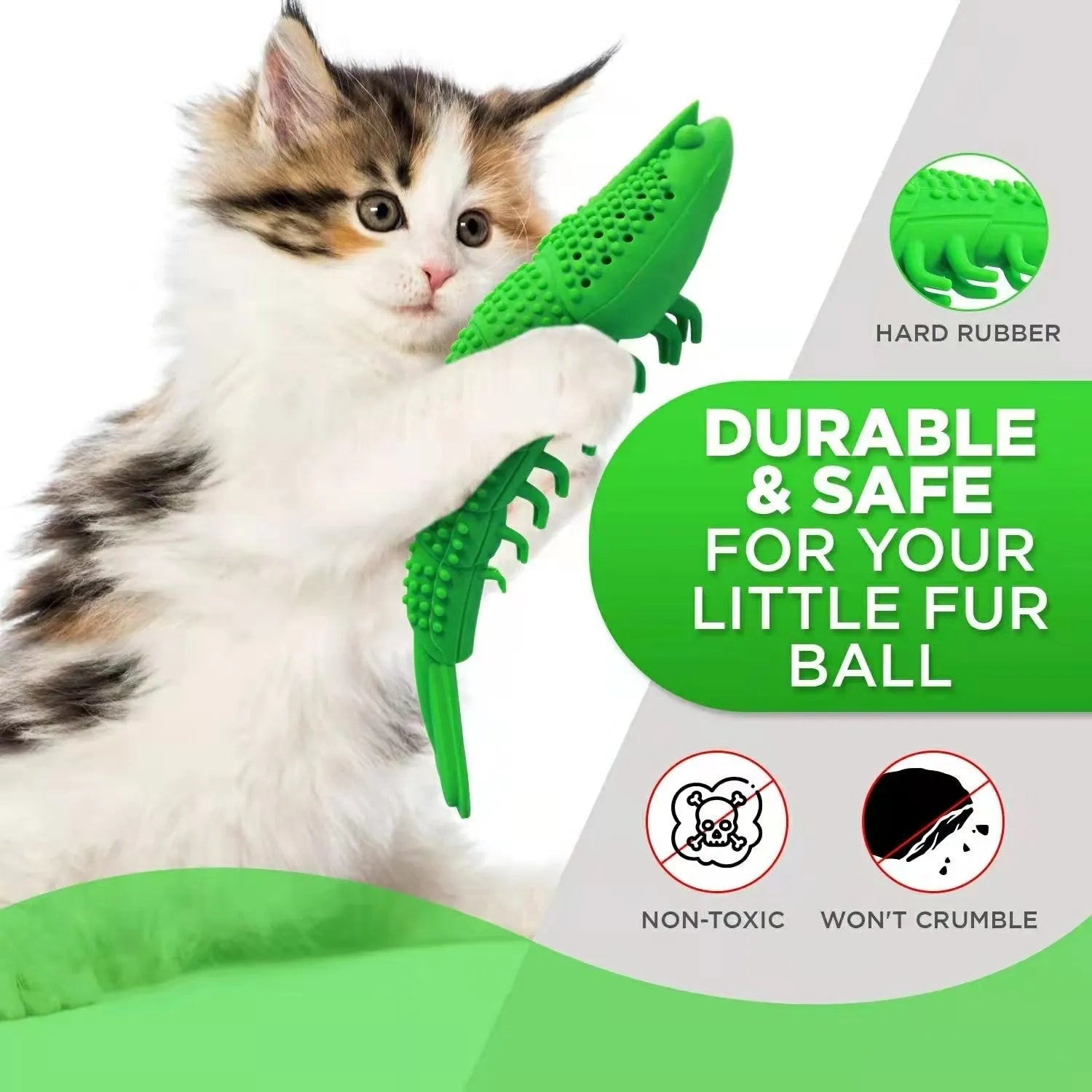 Blue hard rubber catnip toy with bell for teeth cleaning and interactive play