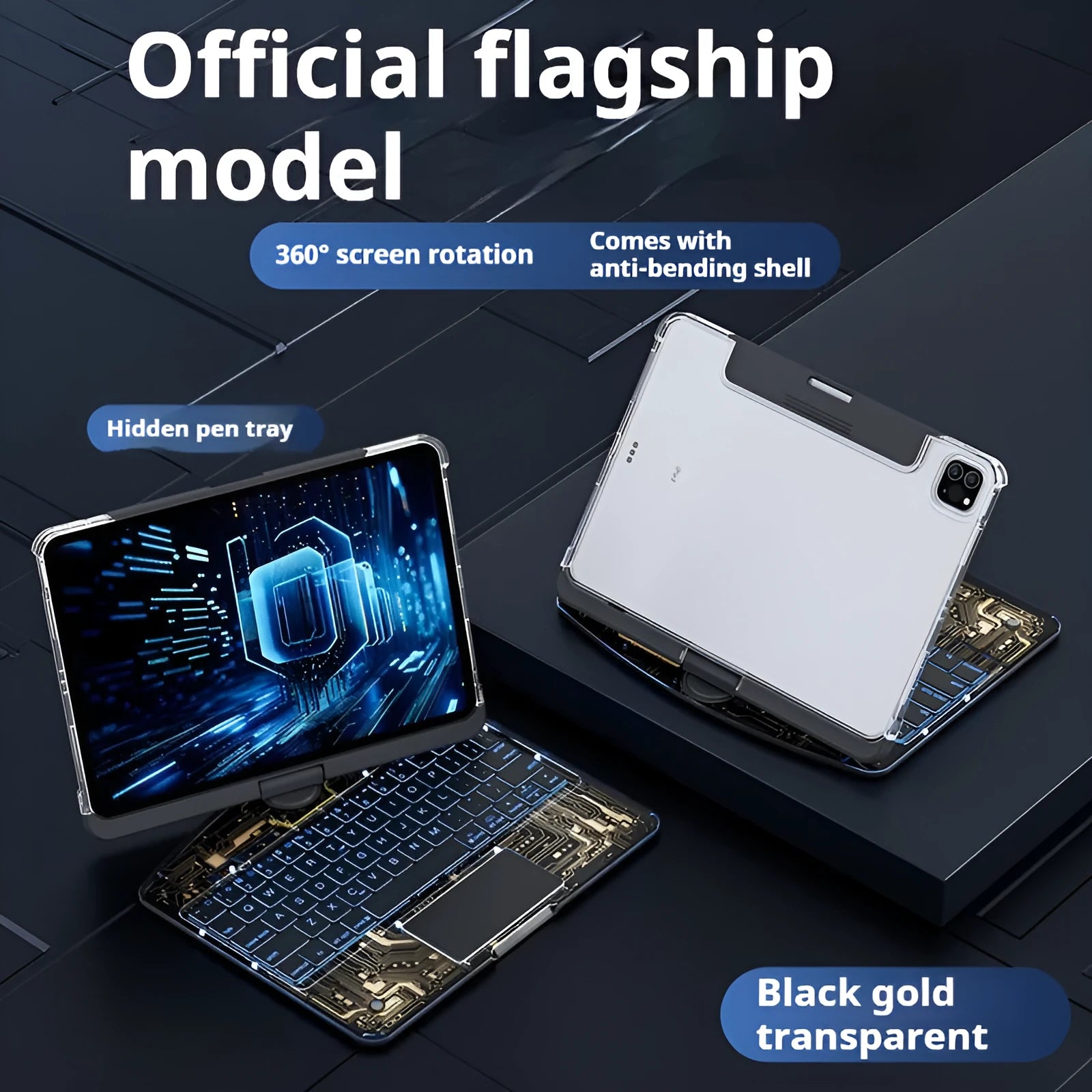 Transparent rotating keyboard case for iPad with wireless Bluetooth keyboard and protective sleeve