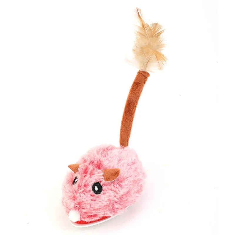 Electric plush mouse cat toy in pink, shown with a Type-C charging cable.