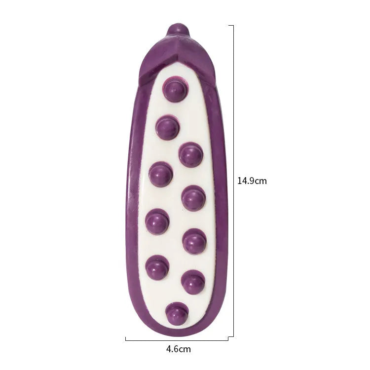 Green and purple simulation bone dog chew toys shown in large and small sizes