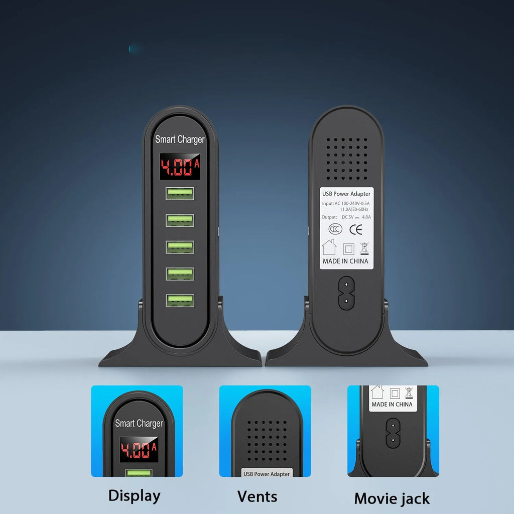 Smart LED digital display USB charger showing voltage parameters with multiple plug style options