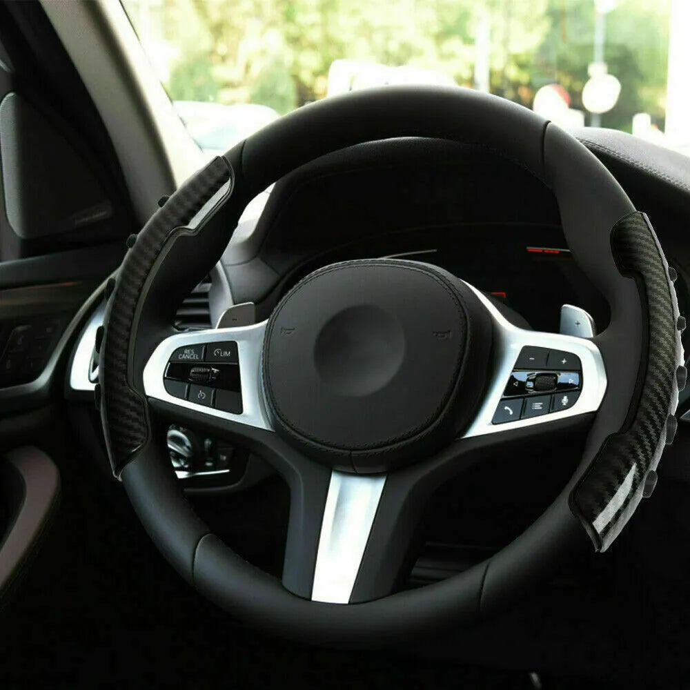 Carbon fibre black steering wheel anti-skid sleeve showing universal 38cm diameter fitment
