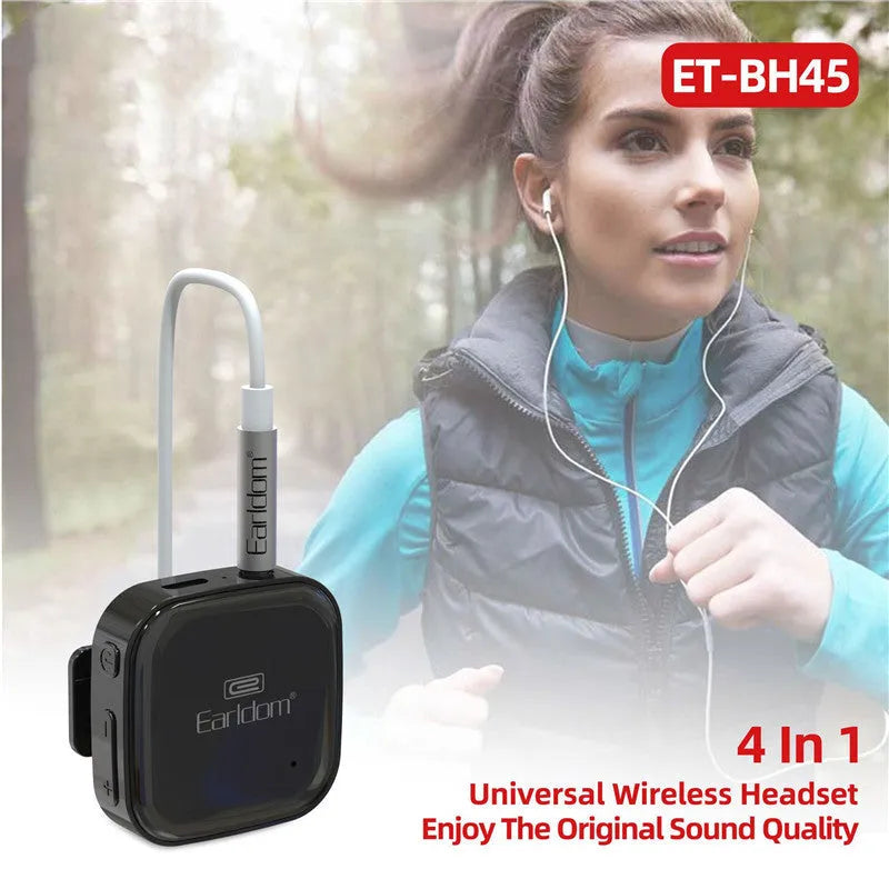 Bluetooth lavalier headset clipped to clothing showing wireless design